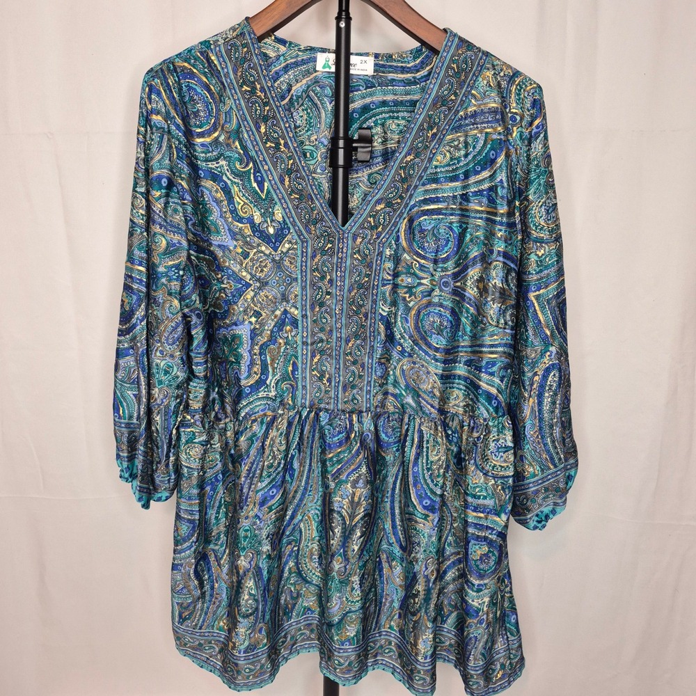 Lapogee Womens 2X Teal Blue Paisley Metallic Gold V-Neck Empire Waist Tunic Top